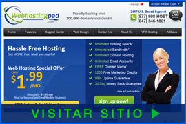 Imagen de pantalla de la página inicial del Alojamiento de Web Hosting Pad. Haga clic en la imagen para visitar el sitio.