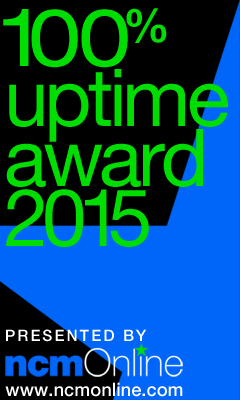 NCM Online 2015 100% Uptime Rating Award logo.