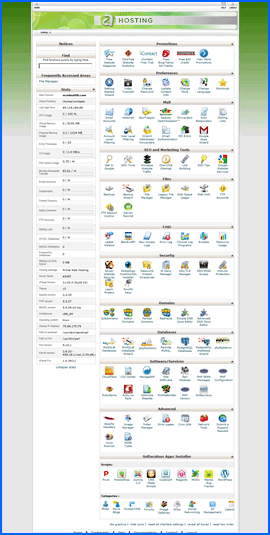Screenshot of A2 Hosting cPanel 11 control panel. Click to enlarge.