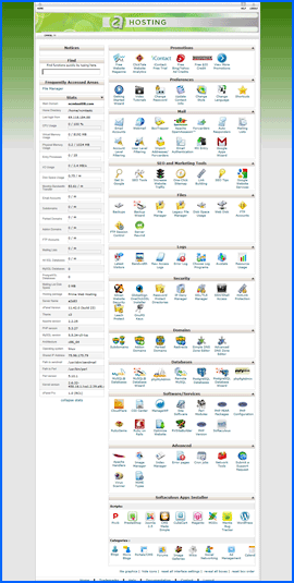 Captura de pantalla de A2 Hosting cPanel 11 control panel. Haga clic para ampliar.