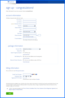 Screenshot of Bluehost shopping cart. Click to enlarge.