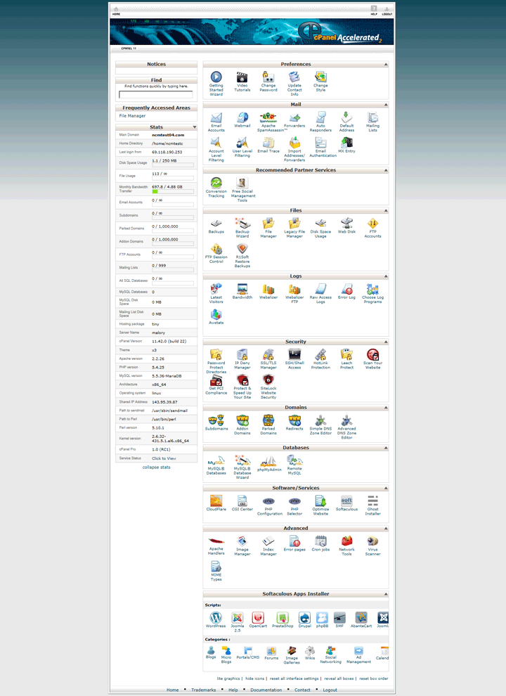 cPanel control panel interface screenshot. Click to close.