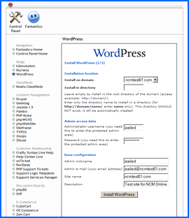 Fantastico Deluxe WordPress installation interface. Click to enlarge.