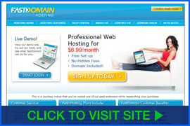 Screenshot of FastDomain Hosting homepage. Click image to visit site.