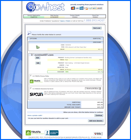 Screenshot of GlowHost shopping cart. Click to enlarge.
