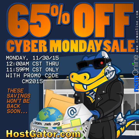 Click to save 65% with HostGator's Cyber Monday Coupon Code.