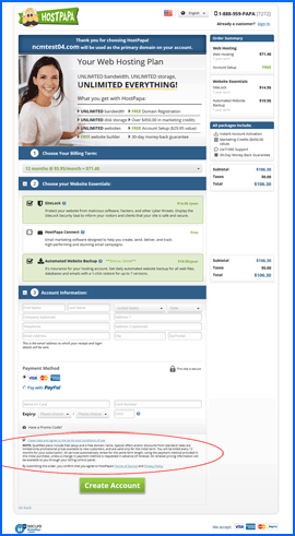 Screenshot of HostPapa sign-up page. Click to enlarge.