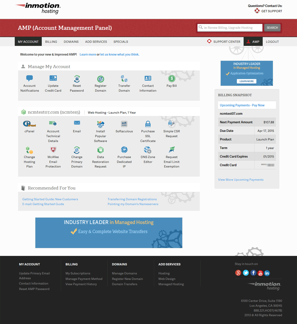 InMotion Hosting AMP (Account Management Panel) screenshot. Click to close.