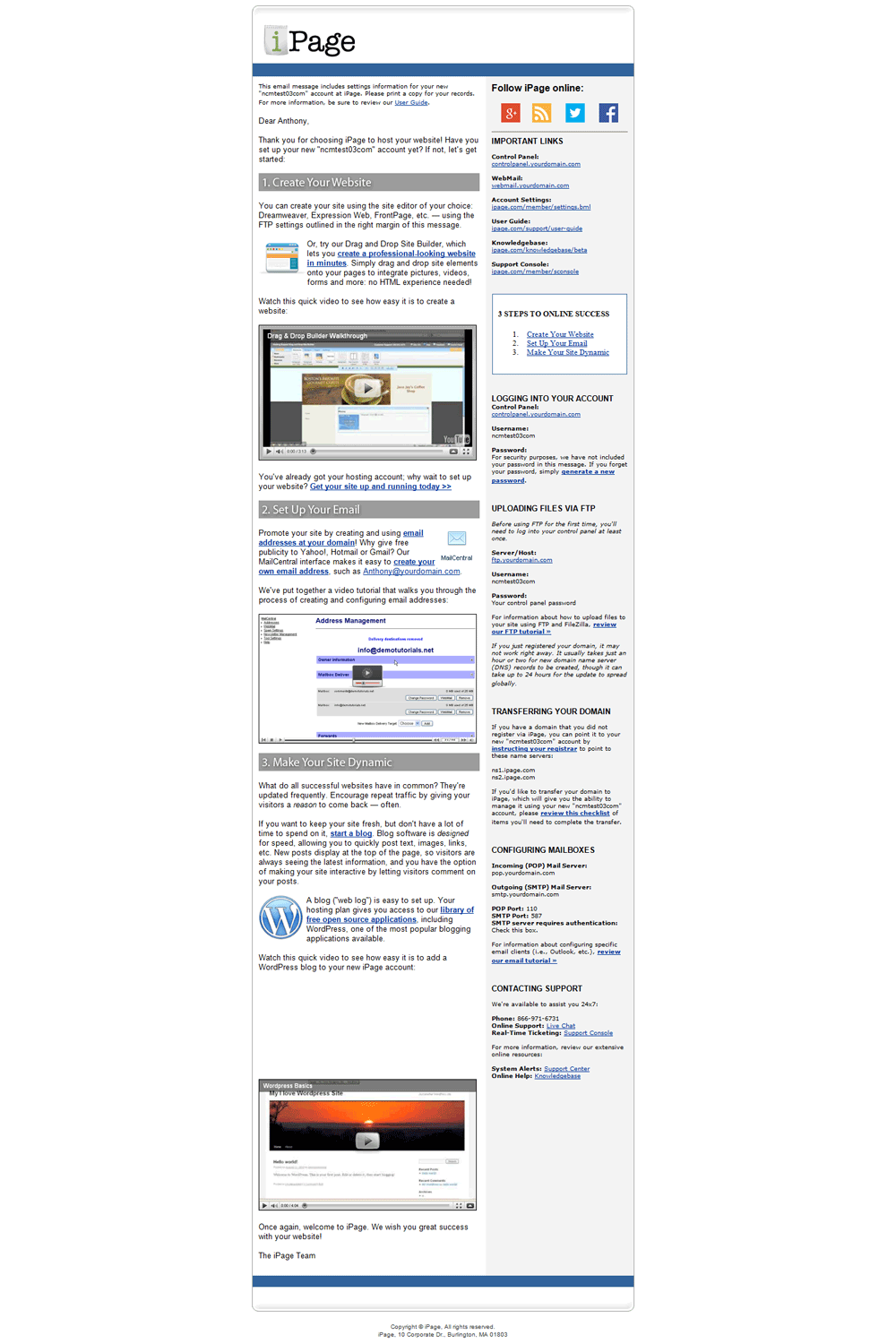 iPage Welcome e-mail screenshot. Click to close.