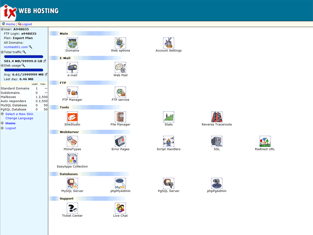 IX Web Hosting Proprietary Control Panel screenshot. Click to close.