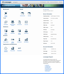 Screenshot of Lunarpages control panel. Click to enlarge.