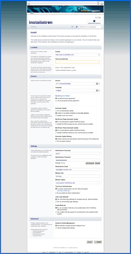 Screenshot of NetHosting Installatron WordPress installer. Click to enlarge.