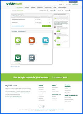 Screenshot of Register.com Account Dashboard. Click to enlarge.