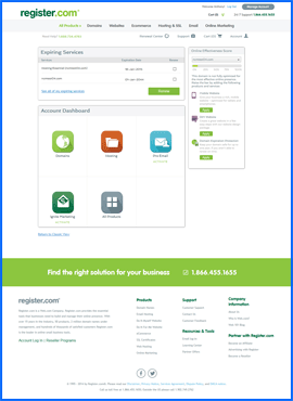 Imagen de Pantalla del Tablero de Control de la Cuenta de Register.com. Haga clic para ampliar.