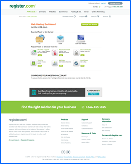 Screenshot of Register.com Web Hosting Dashboard. Click to enlarge.