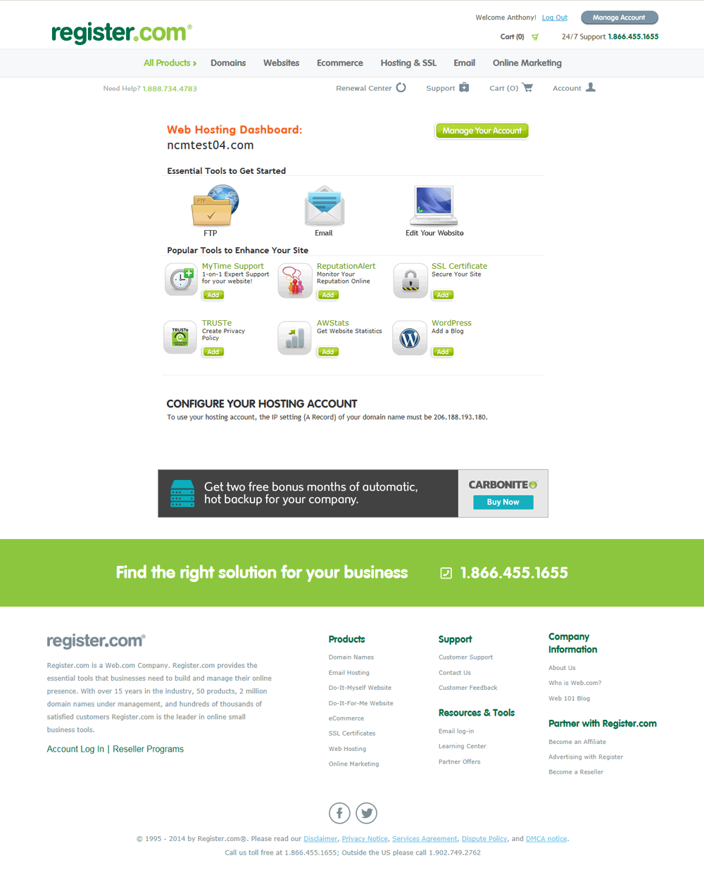 Register.com web hosting dashboard screenshot. Click to close.