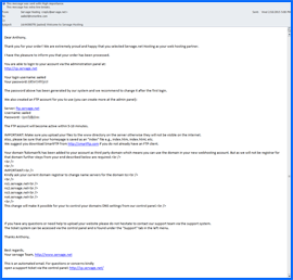 Screenshot of Servage One Welcome e-mail. Click to enlarge.