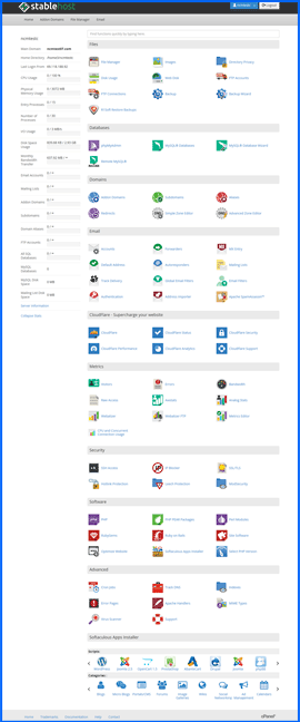 Imagen de pantalla del panel de control cPanel de StableHost. Haga clic para ampliar.