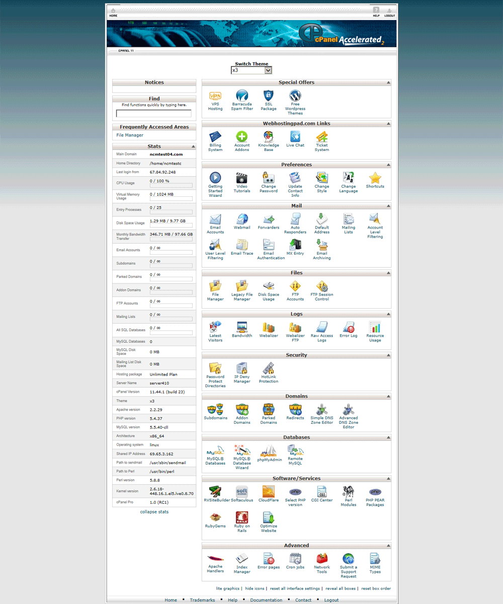 Screenshot of Web Hosting Pad cPanel Control Panel. Click to close.