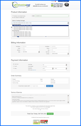 Imagen de pantalla del Formulario de Pedido de Web Hosting Pad. Haga clic para ampliar.