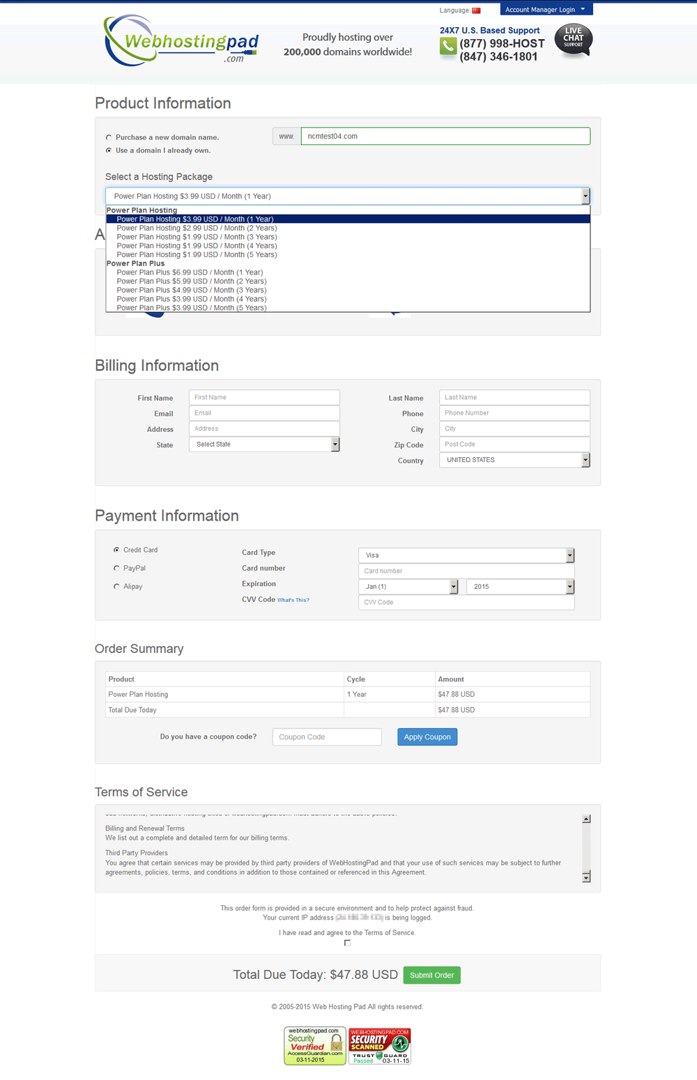 Screenshot of  Hosting Pad Order Form