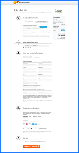 Screenshot of WebHostingBuzz order form. Click to enlarge.