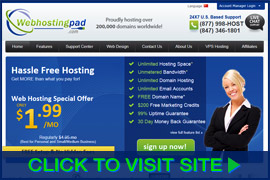 Screenshot of WebHostingPad homepage. Click image to visit site.