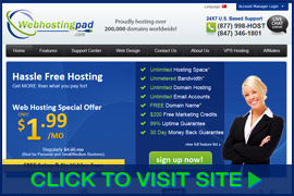 Screenshot of Web Hosting Pad Hosting homepage. Click image to visit site.