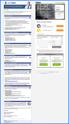 Screenshot of WestHost and GoDaddy Welcome e-mails. Click to enlarge.