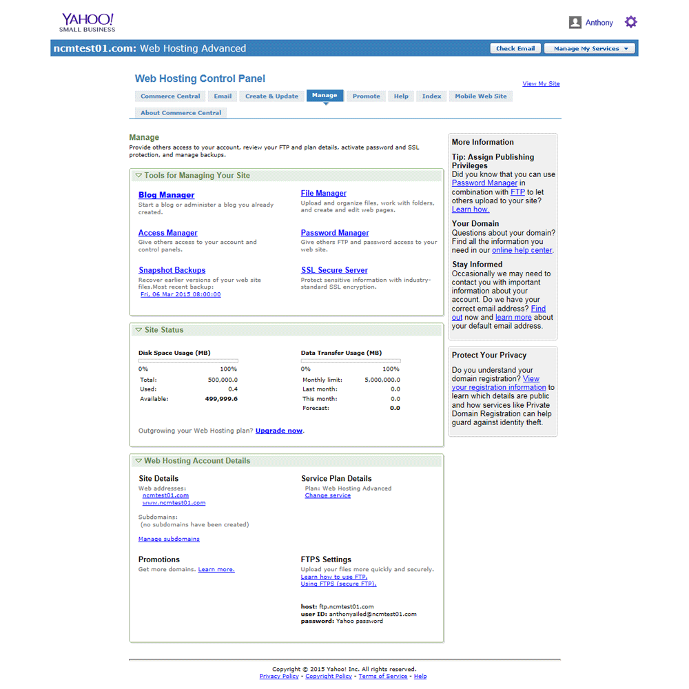 Screenshot of Yahoo Web Hosting Control Panel. Not quite as easy to use as cPanel. Click to close.